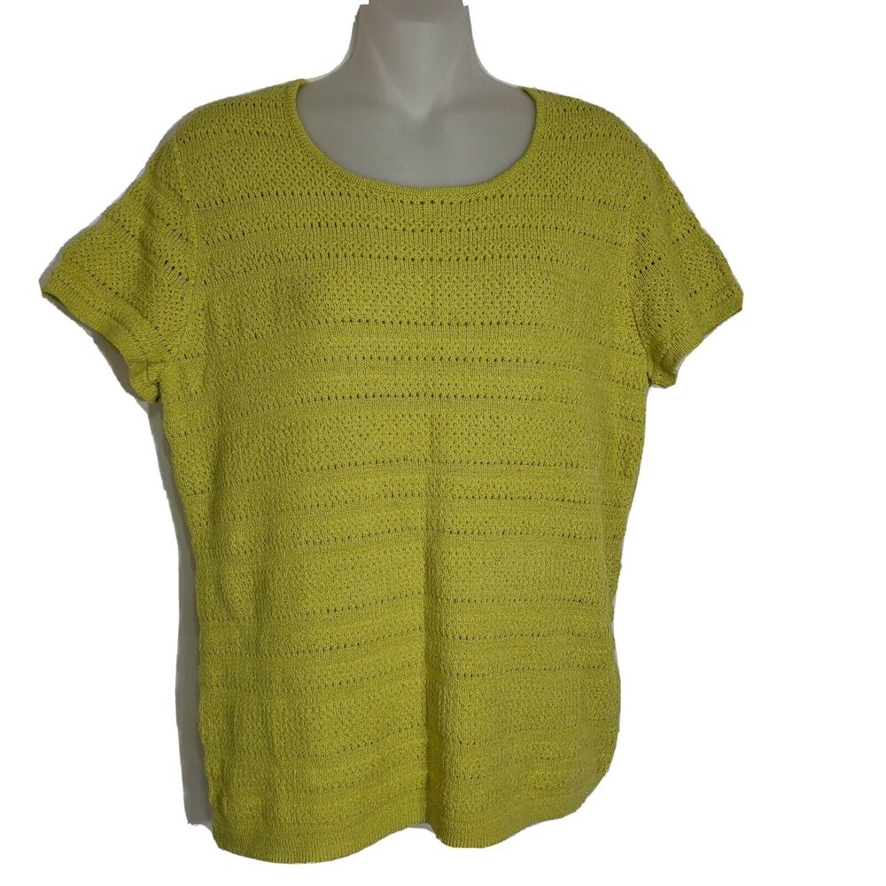 Evan Picone Womens Top Large Open Mesh Knit Yellow Green Short Sleeve Sweater